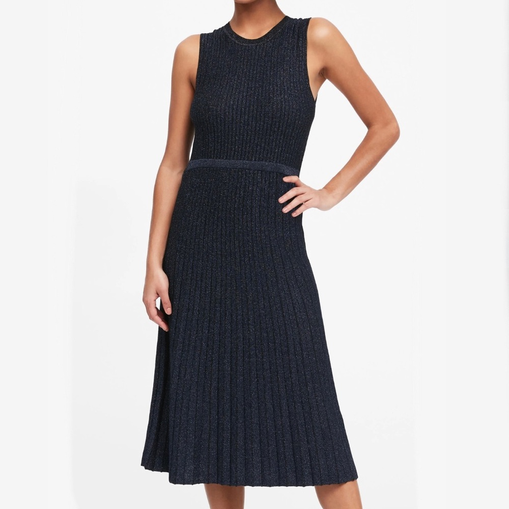Metallic stripe sweater dress in navy stripe